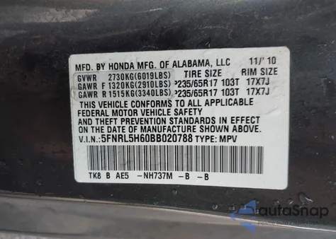 2011 Honda Odyssey Ex-L from USA, damaged, VIN 5FNRL5H60BB020788